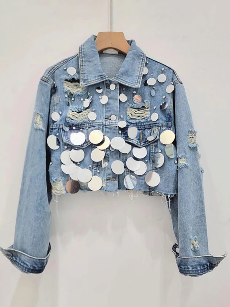 Женская джинсовая куртка DEAT короткая однобортная составного кроя с блестками и