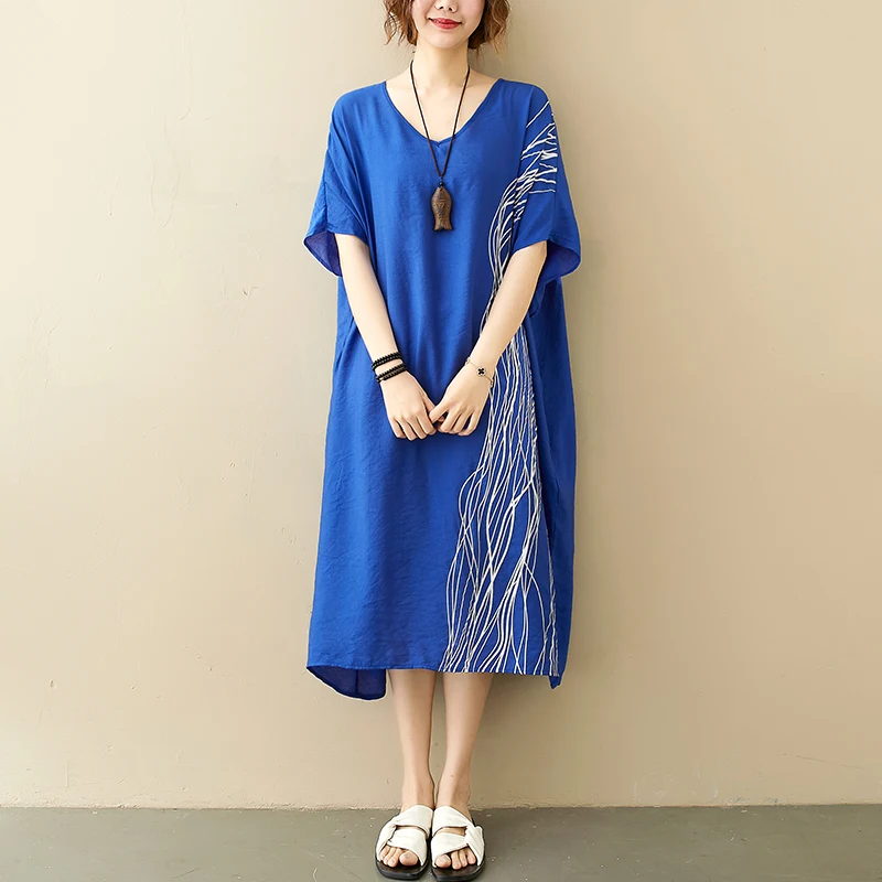

Fat Sister Summer Plus Size Maxi Dress for Women Plus Size Cotton and Linen Printed V-neck Loose Short Sleeve Striped Blue Dress