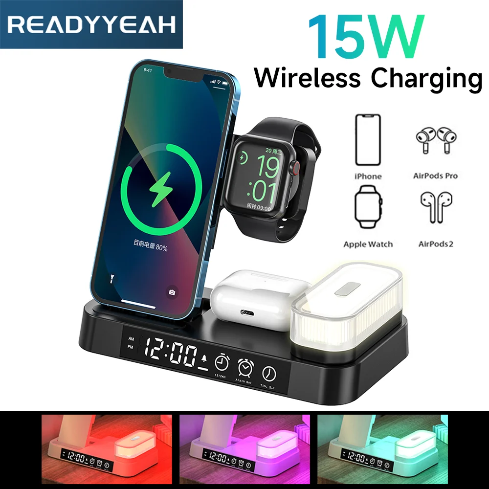 

Складная подставка для беспроводной зарядки 4 в 1 для Samsung Huawei Apple Phone Зарядная станция для часов AirPods с лампой и часами