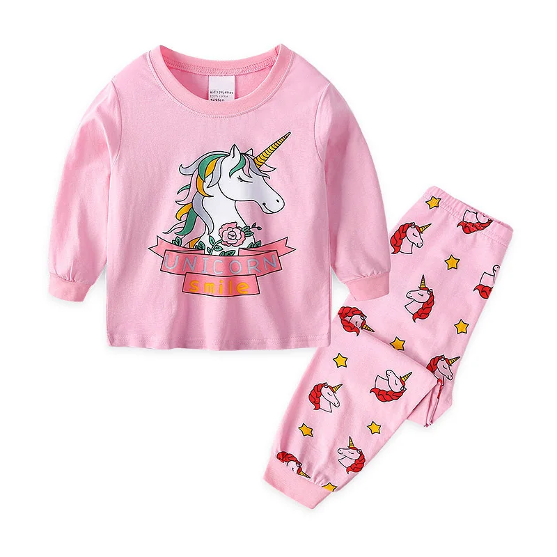 

Пижамный комплект для девочек 1-7 лет, хлопковое нижнее белье с длинным рукавом и мультяшным единорогом, штаны с эластичным поясом, одежда дл...