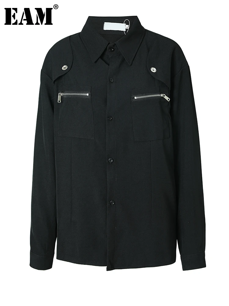 

[EAM] Women Black Zipper Spliced Big Size Blouse New Lapel Long Sleeve Loose Fit Shirt Fashion Tide Spring Autumn 2023 1DF3105