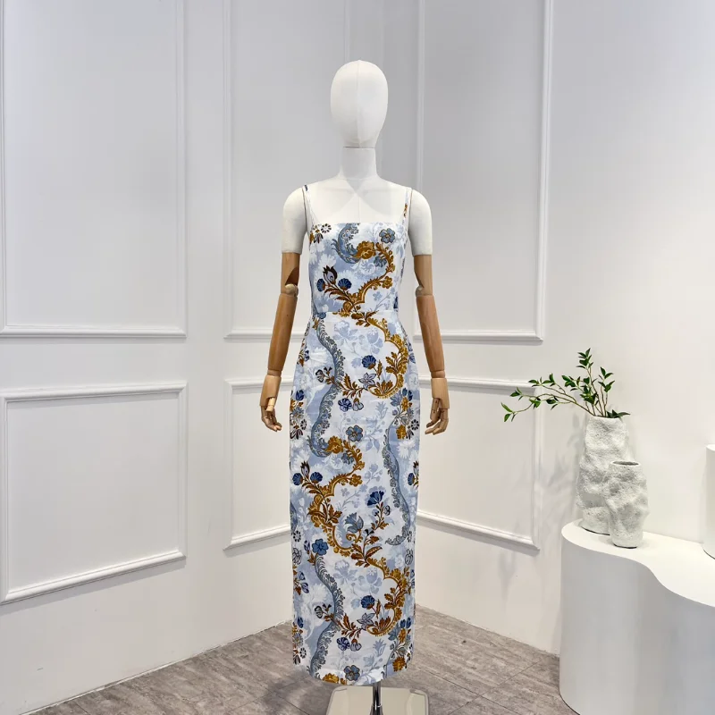 

2023 Summer New Women Fashion Top Quality Blue Linen Vintage Floral Print Folds Camisole Back Split Pencil Midi Dress