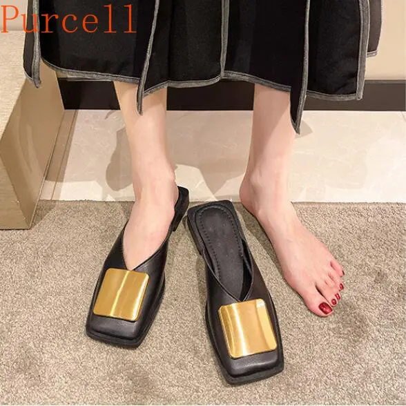 Women's slippers 2023 summer new fashion square head flat bottom sandals