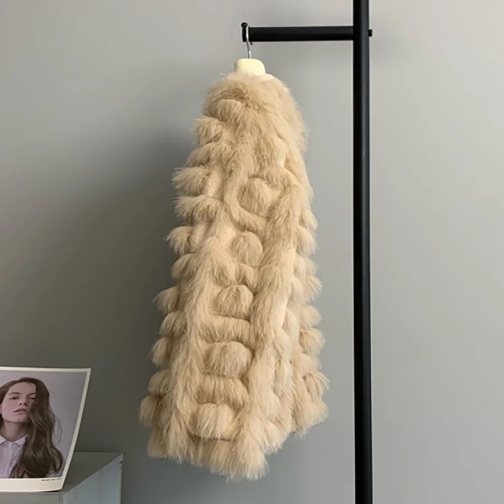 Real Fox Fur Coat Women 2022 Autumn Winter Knitted Thick Warm New Fashion Belt Cardigan Jacket blended Turn Down Collar