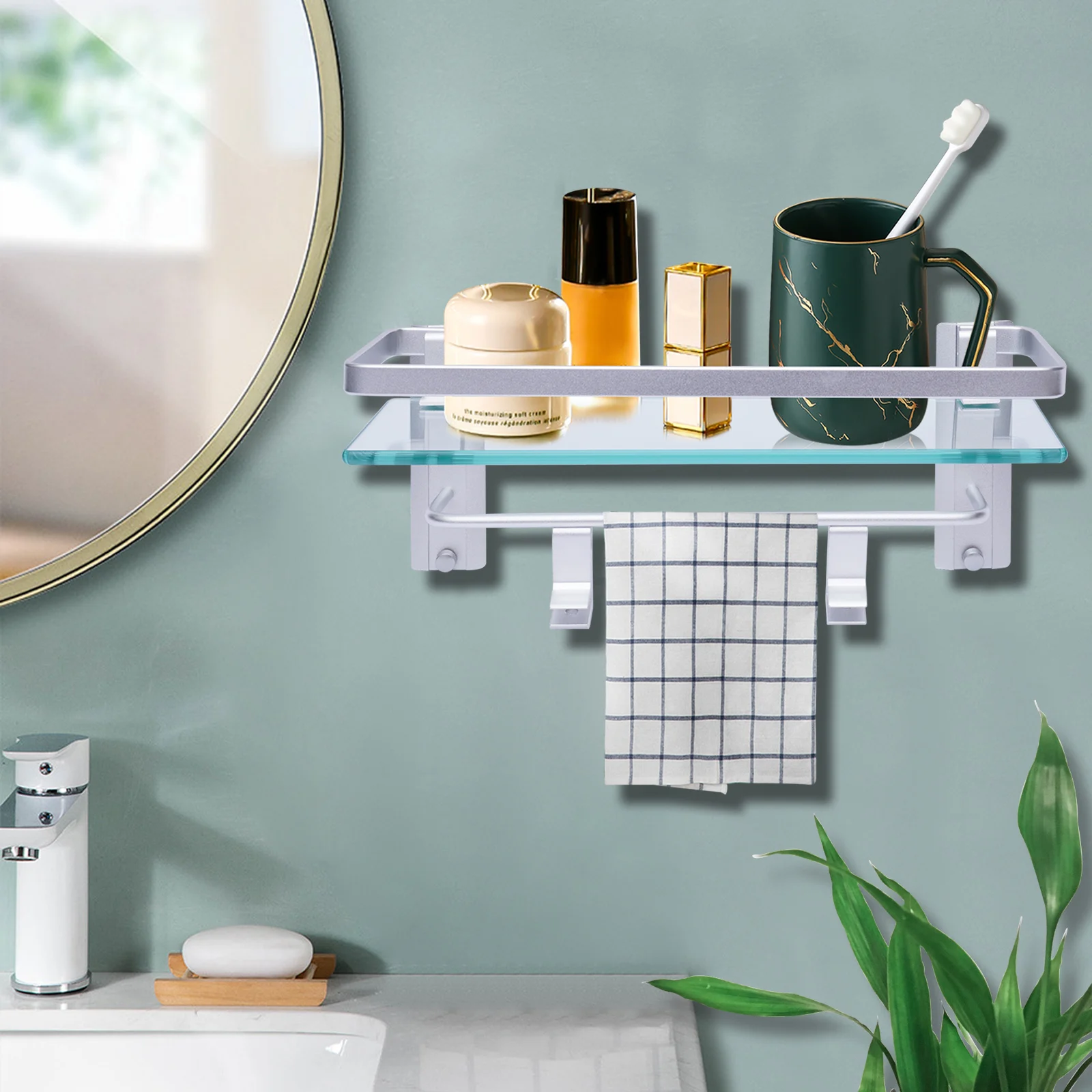

Single-Layer Aluminum+Tempered Glass Storage Rack w/ Towel Rail Hook, Wall-Mounted Bathroom Towel Holder