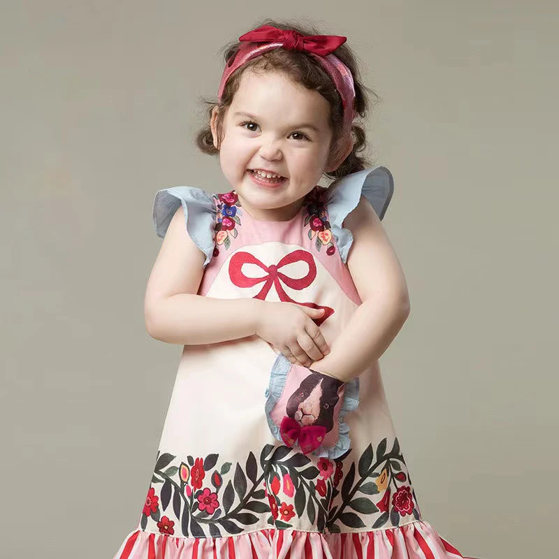 

MIDODO 2022 Summer Girl Garden Bunny Pocket Sleeveless Dress Children Cartoon Cotton Flower Bow Pattern O-neck Dress Kid Clothes