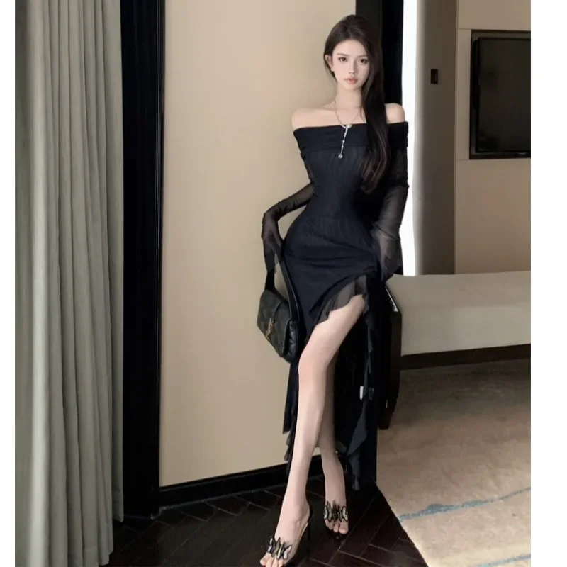 Женское платье Ezgaga с вырезом лодочкой длинным рукавом и открытыми плечами