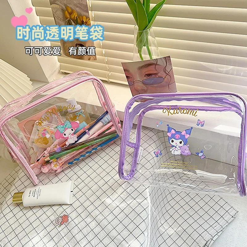 Sanrio Transparent Makeup Bag HelloKitty Cute Cartoon Box Portable Large Capacity Travel Grooming Storage Pen Case