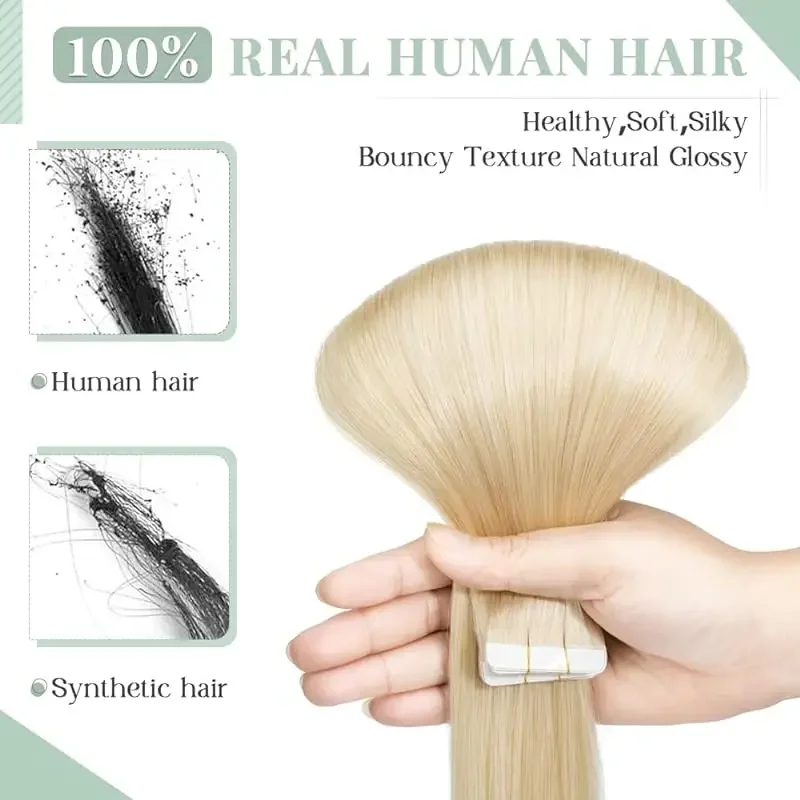 Tape In Hair Extensions Human Blonde Color #613 Straight 100% Real 16-26 Inch Seamless Invisible 50G