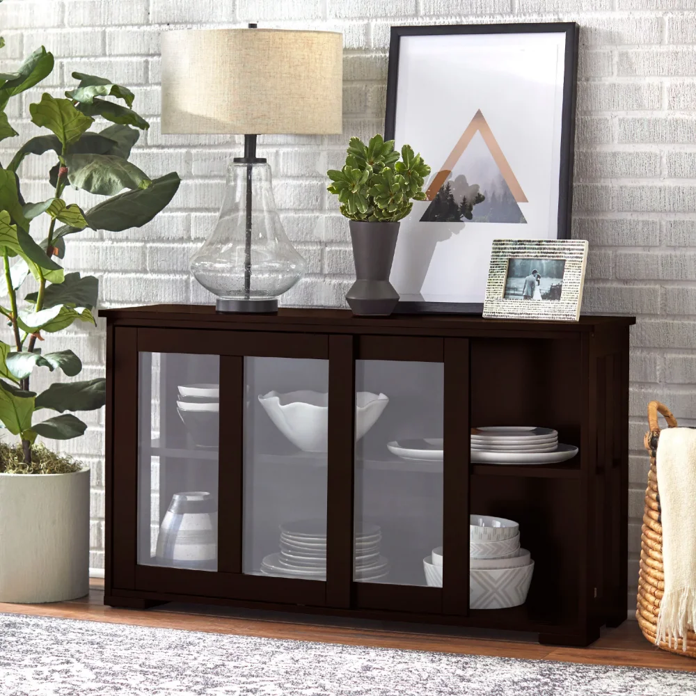 

42” Wide Contemporary Tempered Glass Sliding Door Stackable Dining Room Sideboard, Espresso Brown Finish
