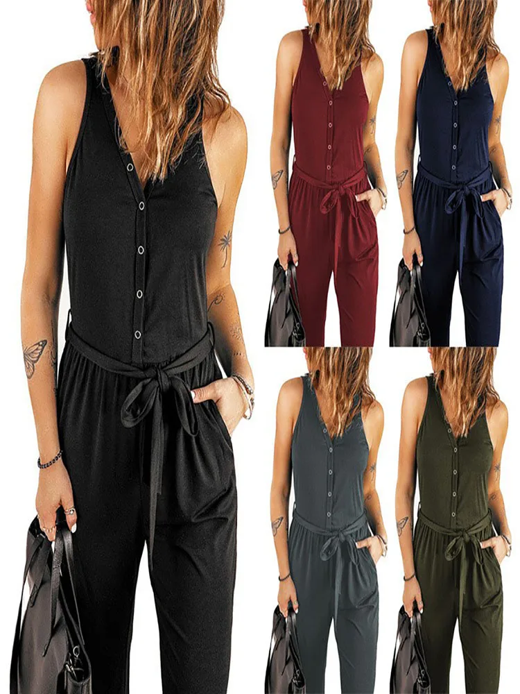 

2022 Summer Women Jumpsuit Sleeveless Jumpsuit Solid Color V-neck Waist Cinched Strap Casual Little Leg,High Fashion