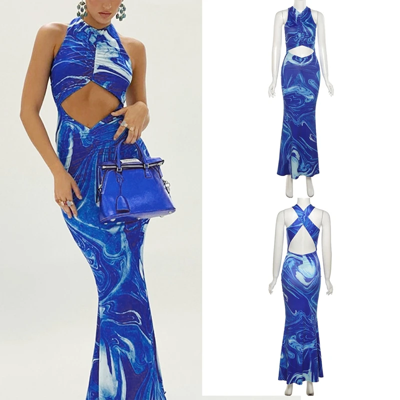 

Y2K Sexy Beach Bodycon Dress Women Hollow Out Off Shoulder Backless Print Tie Dye Maxi Dresses Summer