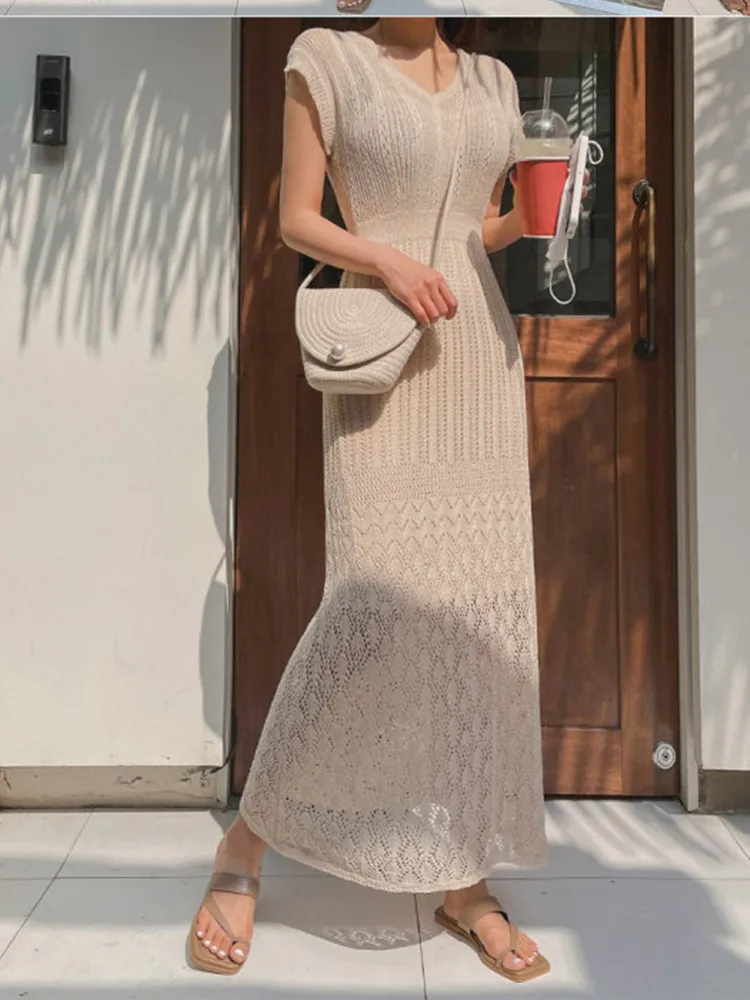 

E GIRLS New V-Neck Hollow Out Ice Silk Knitting Dresses Summer For Women Elegant Slim Knitting Dress Temperament Vestidos
