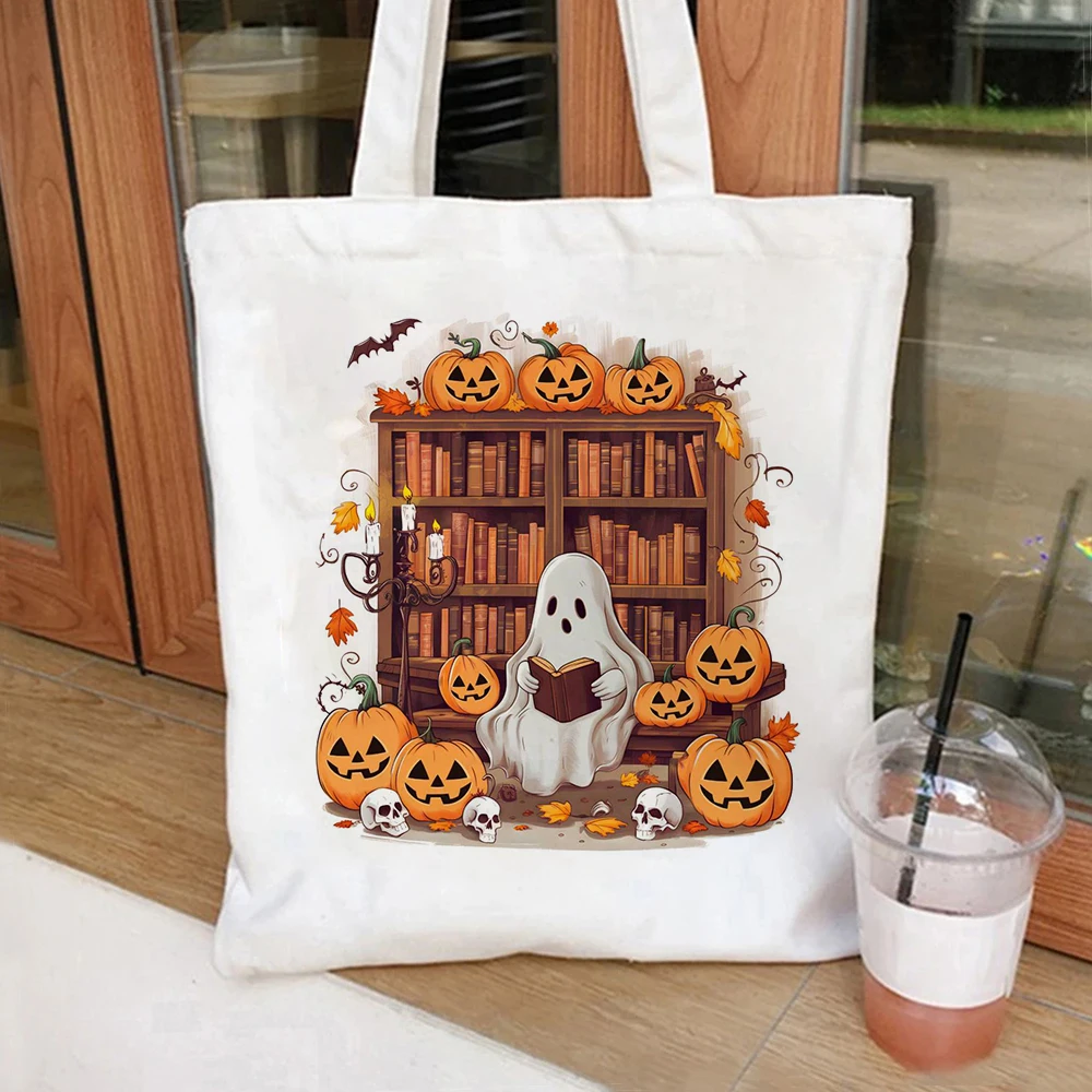 Женская Парусиновая Большая Сумка С Рисунком Тыквы И Призрака На Хэллоуин.