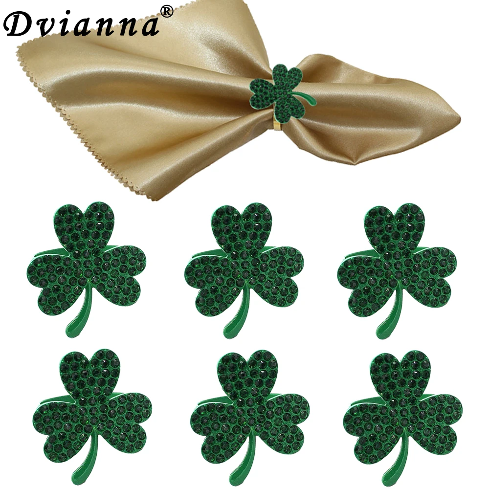 

6/12/24Pcs Rhinestone Shamrock Napkin Rings St. Patrick's Day Napkin Holders Metal Green Clover Buckle Dinning Table Deco HWD116