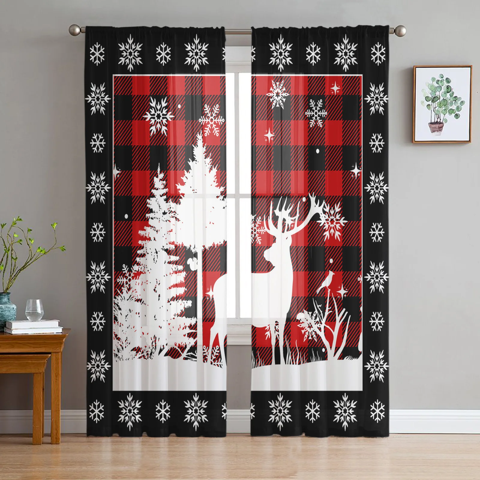 

Christmas Red Plaid Elk Snowflake Tulle Sheer Curtains for Living Room Decoration Drapes Bedroom Kitchen Voile Window Curtain