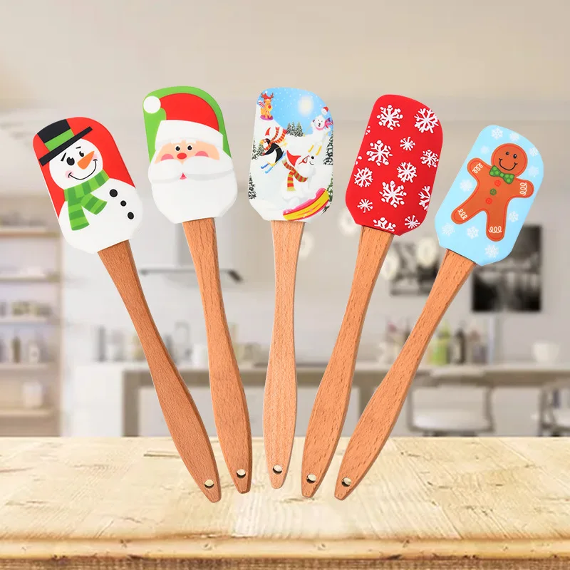 Cream Spatula Christmas Wooden Handle Non-Stick Kitchen Fondant Cake Silicone Cooking Scraper Baking Tools Espatula |