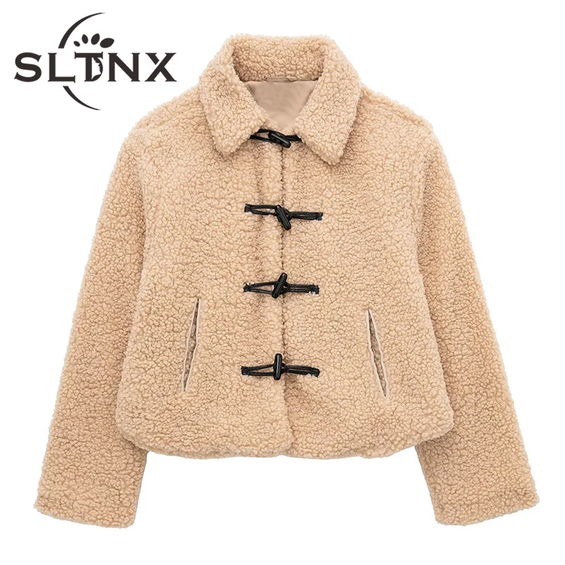 

SLTNX Winter Autumn Women Jackets Solid Fleece Coats Buttons Long Sleeve Jackets with Pockets Female Chic Overcoat with Fur