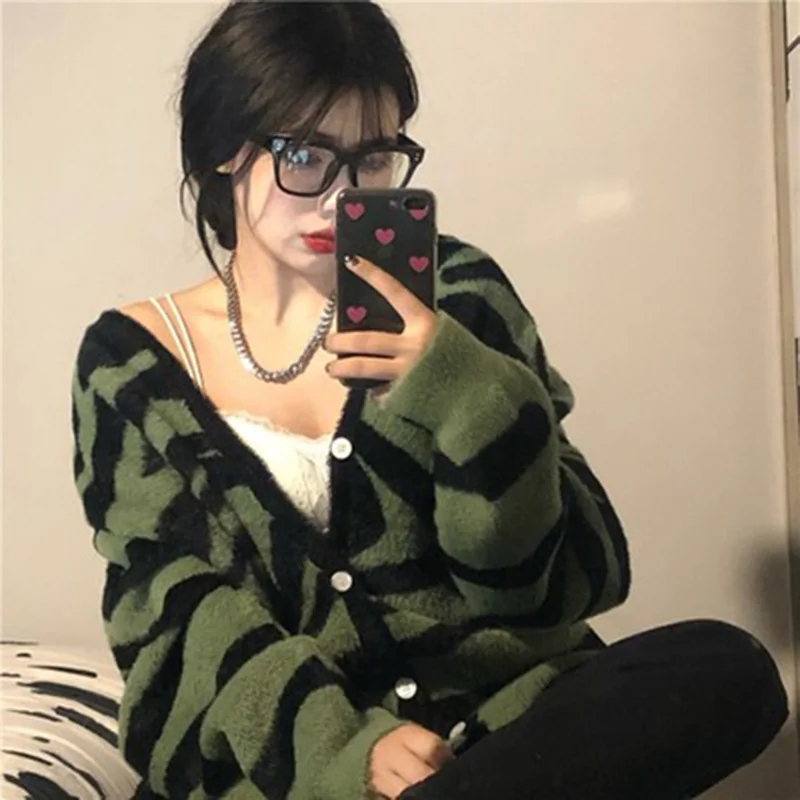 

Women Cardigan Zebra Pattern V-neck Loose Casual All-match Single Breasted Knitted Sweater Korean Style Ulzzang Autumn Outwear