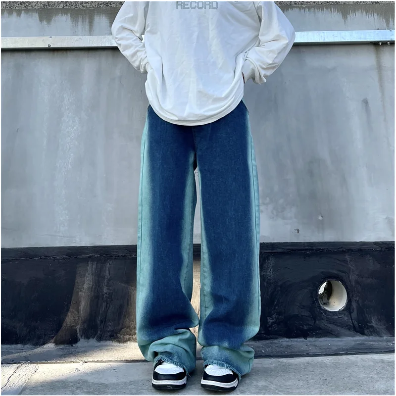 Streetwear Men 2022 New Pattern Vintage Gradient Blue Pants American Straight Cylinder Comfortable Loose Jeans Autumn Female