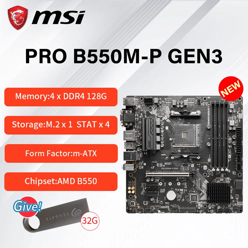 

New MSI PRO B550M-P GEN3 DDR4 MATX M.2 SATA3 Socket AM4 4600+ MHz 128G USB 3.2 Support AMD CPU Motherboard