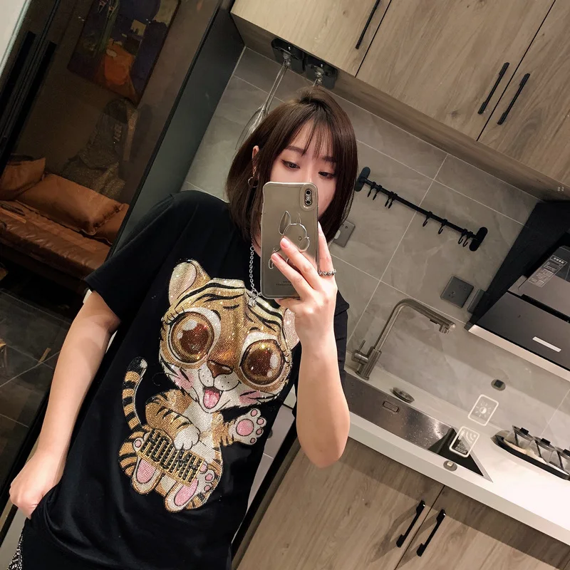 

Blingbling Cute Big Eyed Tiger Hot Drilling Age Reduction Tee Loose Short Sleeve Bottoming Top New Summer Trendy Street T-shirt
