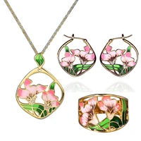 ajojewel delicate pink enamel flower jewery set for women vintage golden womens rings hoop earrings necklace pendant bijoux