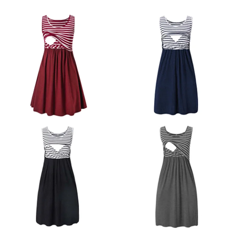 

Fashion Trend Pregnant Women Clothes Striped Solid Stitching Breastfeeding Dresses Sleeveless Maternity ropa de maternidad