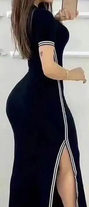 

Elegant and Pretty Women's Dresses 2023 Autumn New Fashion Casual Simple Round Neck Slim Fit Striped High Slit Casual Dress