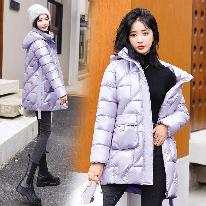 Fashion Women Jacket 2022 New Winter Parkas Female Glossy Down Cotton Jackets Hooded Casual Warm Parka Coat Female Outwear