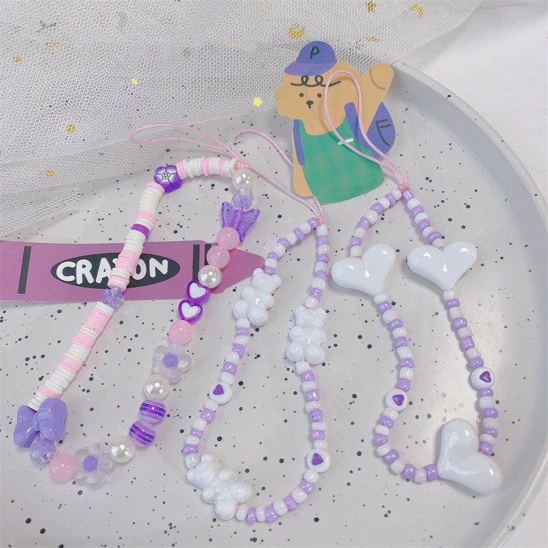 

Fashion Trendy Refreshing Purple And Pink Girl Heart Soft Pottery Striped Sheet Resin Love Bear Anti-Lost Mobile Phone Lanyard