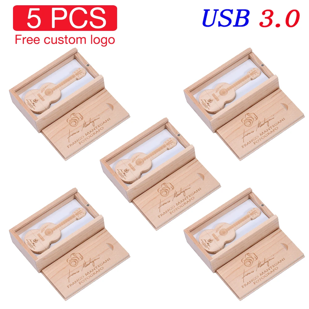 

JASTER 5 PCS LOT USB 3.0 Flash Drives Free Custom Logo Pen Drive Guitar Memory Stick Wooden Box Music Pendrive 32GB 64GB 128GB