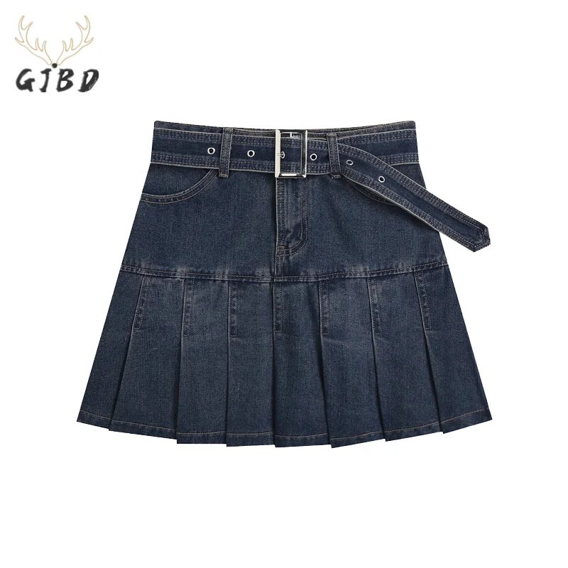 

Women's Half Body Skirt Denim Belt A Word Pleated High Waist Casual Vintage Fashion Short Skirt Baggy Plus Size Ladies Summer