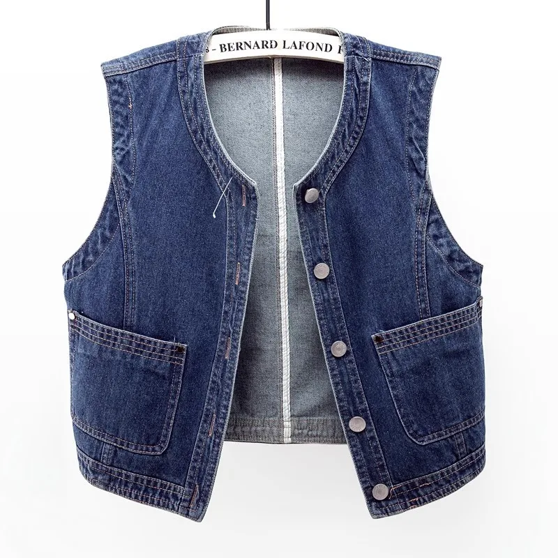 

New Spring Vintage Short Denim Vest Women Autumn Korean O-Neck Slim Jeans Waistcoat Pocket Sleeveless Jacket Ladies Tops W152