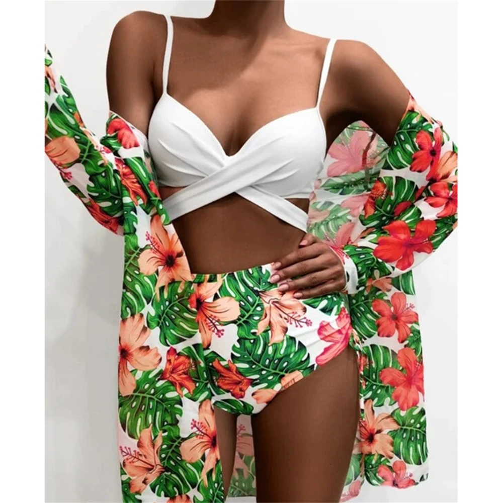 

Print Floral Large Swimsuits 3 PCS Beach Bikinis Set Push Up Female Plus Size Swimwear Bather Swim Wear Women Bathing Suit 2022