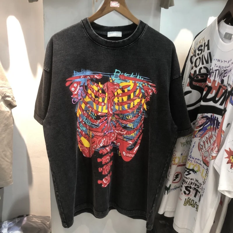 

Oversized Vintage Washed T-shirt Skeleton Letter Print T Shirt Men Women Tops Loose Black Tee