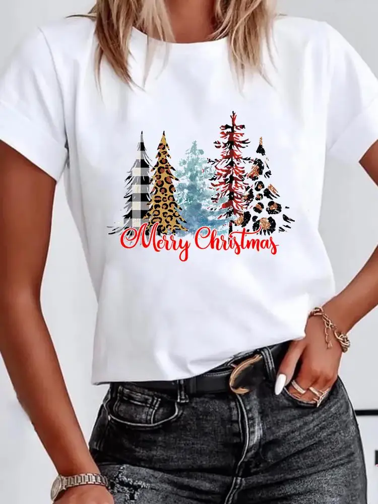 

Футболка с рисунком леопардовой елки и надписью Счастливого Рождества, одежда на новый год, женская одежда, модная базовая футболка, футбол...