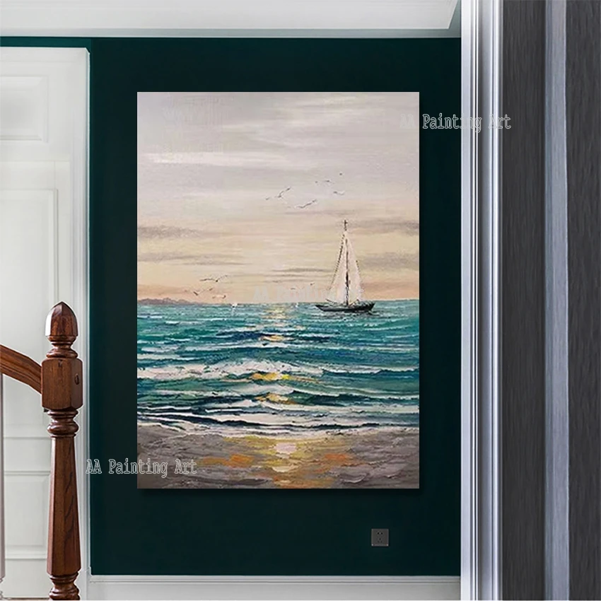 

Modern Abstract Wall Decor Oil Painting Seascape Sunset Scene Wall Canvas Sailing Boat Picture Paintings Art Hand Painted Piece