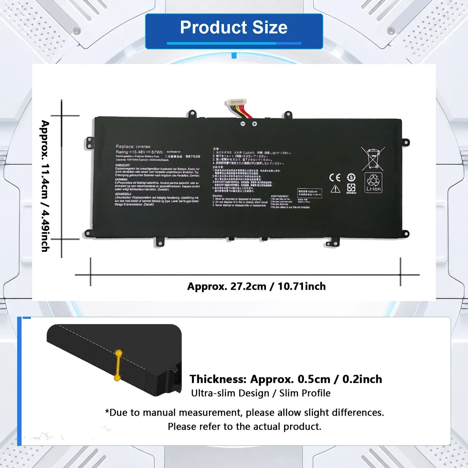 Фото Запасной аккумулятор для ноутбука C41N1904 67Wh 15.48V 0B200-03660500 для ASUS ZenBook 14 UX425 UM425 UX325 UX363 UX371. №5