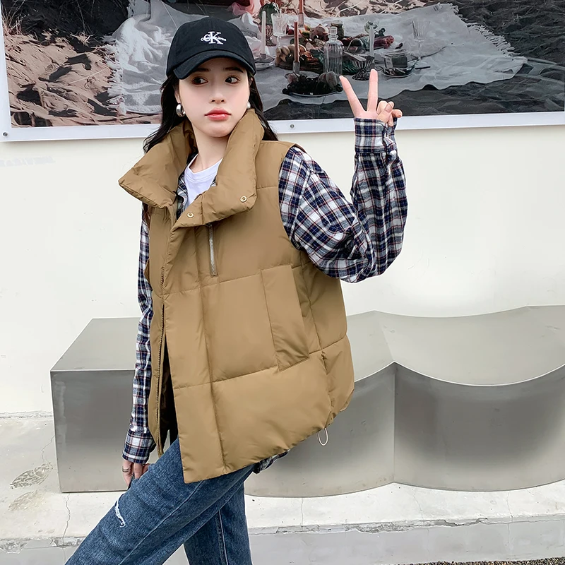 

Thick Warm Coat Women Khaki Stand Collar Vests Women Fashion Zipper Elegant Autumn Winter Short Vests Female Ladies