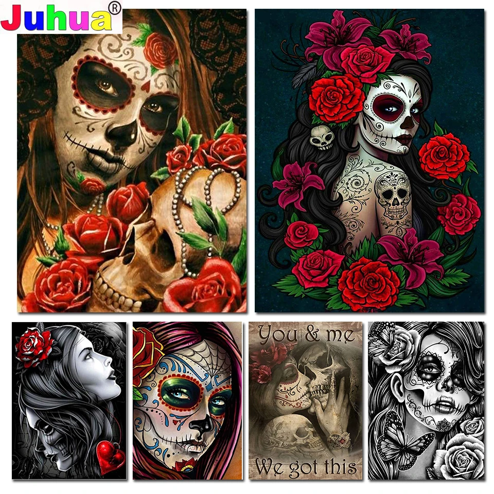 

Black Skeleton And Beauty Diamond Painting Crystal Rhinestone Embroidery Cross Stitch Mexican Traditional Festival Pictures Art