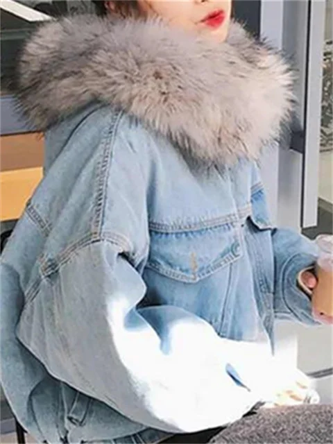 

Winter Velvet Denim Jacket 2022 Autumn Oversized Fur Collar Thicken Warm Wool Liner Jean Coats Vintage Hood Outerwear