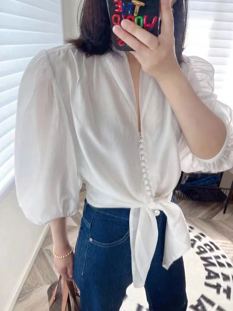 

Solid Color Blouse Women Elegant Puff Sleeve French V-Neck Single-Breasted Tie-Up Ladies 2022 Summer New Shirt and Tops