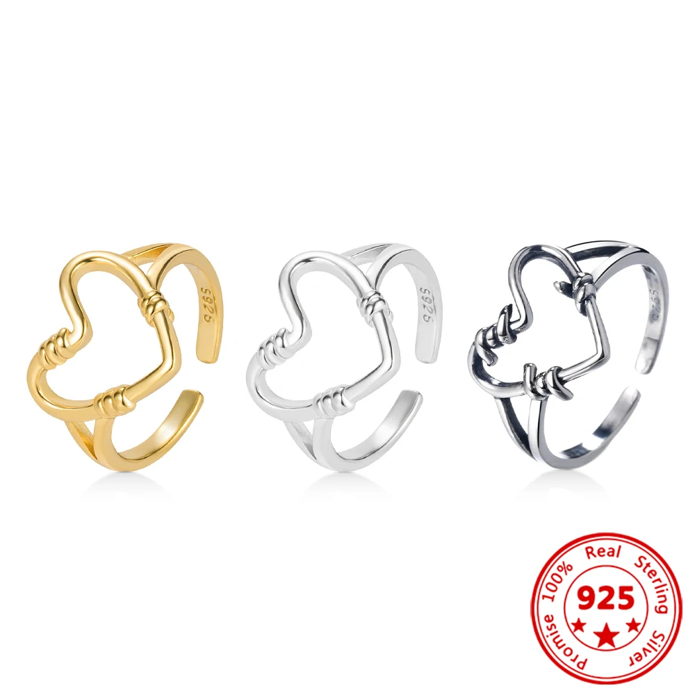 

100% 925 Sterling Silver Loving Heart Ring Stylish Retro Hollow Out For Woman's Finger Ring Charm Jewelry Festivals Accessories