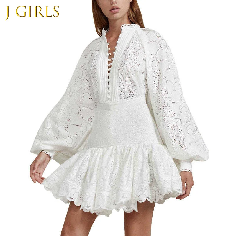 

Sexy Hollow out Shirt Skirt Two Piece Sets Female Lantern Sleeve Blouse Tops Women High Waist Patchwork Lace Skirt Suits