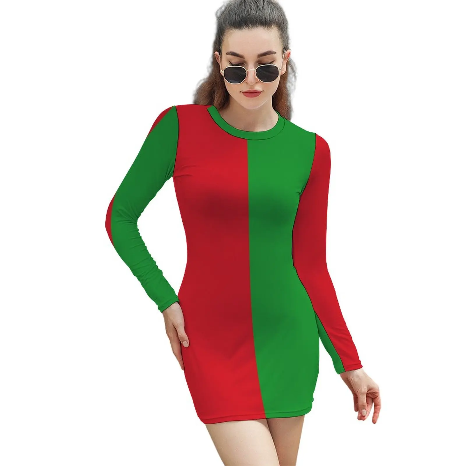 

Two Tone Design Dress Women Red And Green Korean Fashion Bodycon Dress Autumn Long Sleeve Club Dresses Graphic Oversized Vestido