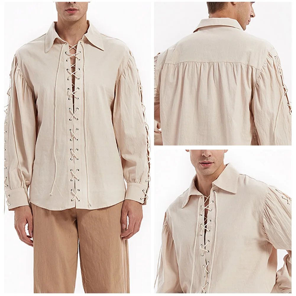 

Gothic Retro Strap Men's Shirt Cosplay Costume Solid Medieval Steam Punk Loose Polo Shirt Halloween Carnival Party Clothes