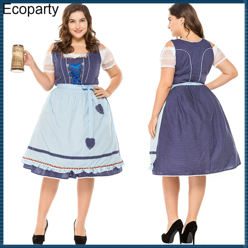

New Women German Oktoberfest Costume Carnival Tavern Waitress Beer Girl Cosplay Costume Summer Blue Bandage Short Sleeve Dress