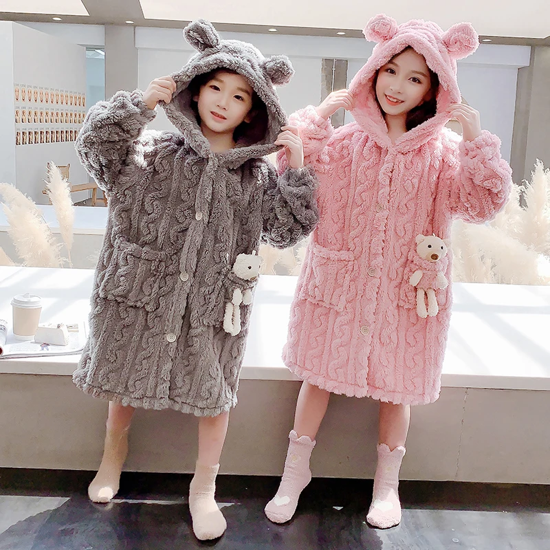 

New Fashion Boys Girls Robe Single-breasted Warm Hooded Cardigan Long Sleeve Pajamas for Children 8 To 12 Year Clothing Bathrobe