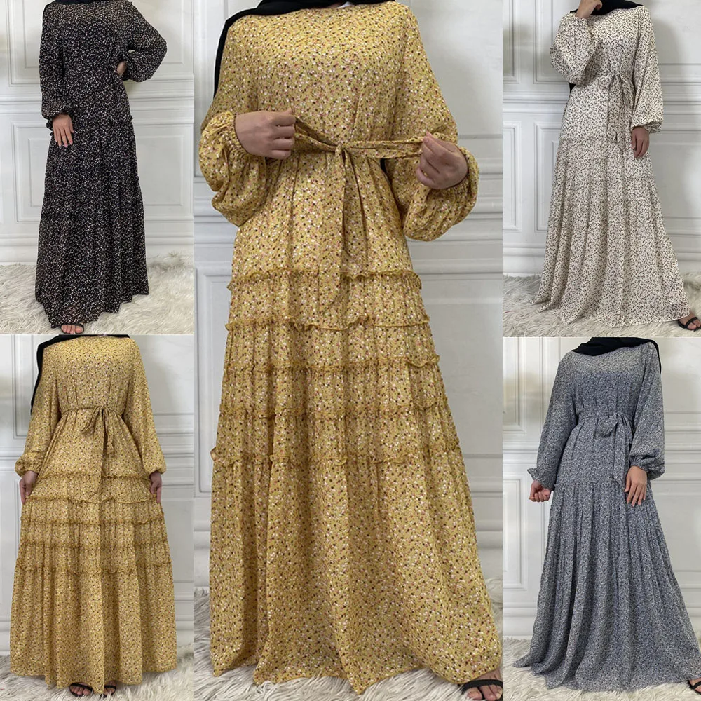 

2022 New Ramadan Dubai Caftan Muslim Women Long Dress Islamic Clothing Eid Mubarak Floral Print Maxi Robe Kaftan Malaysia Casual